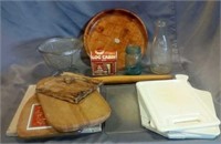 Cutting boards, colander, Old Log Cabin syrup tin,