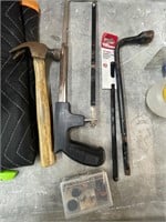 Hammer, hacksaw, hacksaw blade, etc