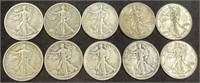 10 Qty Walking Liberty Half Dollar Silver 90% coin