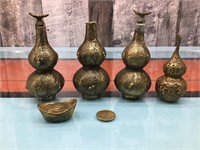 Oriental brass scent bottles & brass gourd