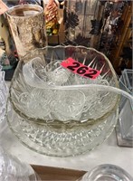 Punch bowl, cups, spoon, & glass bowl