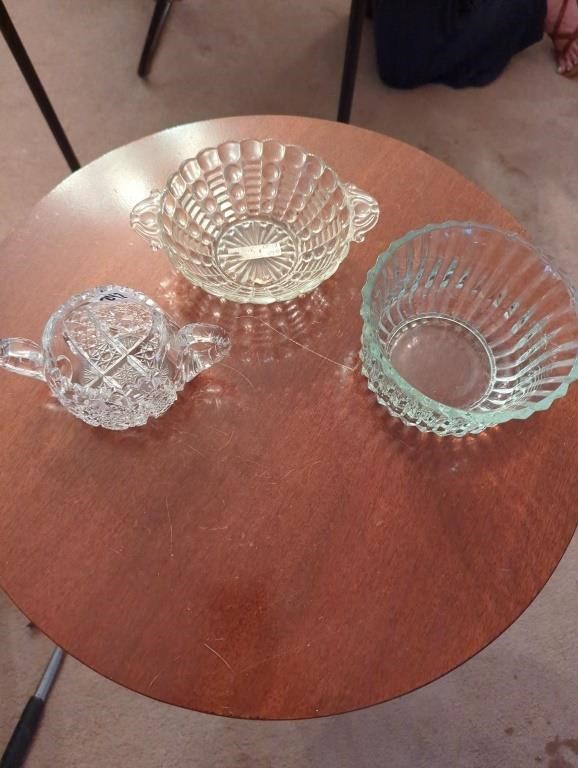3 pcs clear glass, 2 bowls, one heavy glass with