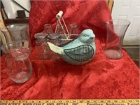 VASES, MILK BOTTLES AND CARRIER, CERAMIC BIRD