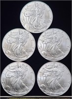 (5) 2002 $1 Silver Eagle Coins Uncirculated