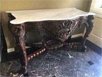 Wood Carved Entry Table W/ Marble Top