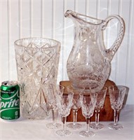 Lead Crystal Pitcher, Large Vase & Glasses