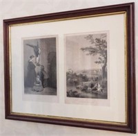 Two framed black and white lithographs in one