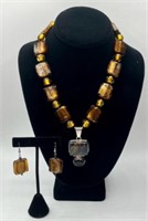 Art Glass Necklace & Earrings w/Sterling Pendant