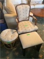 Upololstered arm chair, & 2 footstools