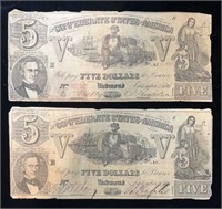 (2) 1861 Confederate States of America $5.00 Notes