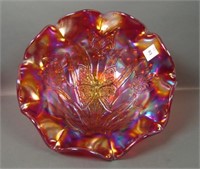 Fenton Red Butterfly & Tulip Ruffled Bowl