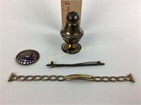 Sterling shaker, broken pins, bracelet 25.3 grams