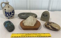 Box of painted rock paperweights, stoneware jug