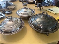 Three (3) Round Silver Plated Chafing Dishes -