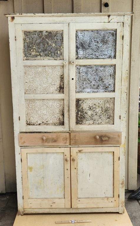 Vintage Punched Tin Farmhouse Kitchen Cupboard