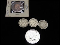 (5)US Coins. V nickels, large cent, 90% silver