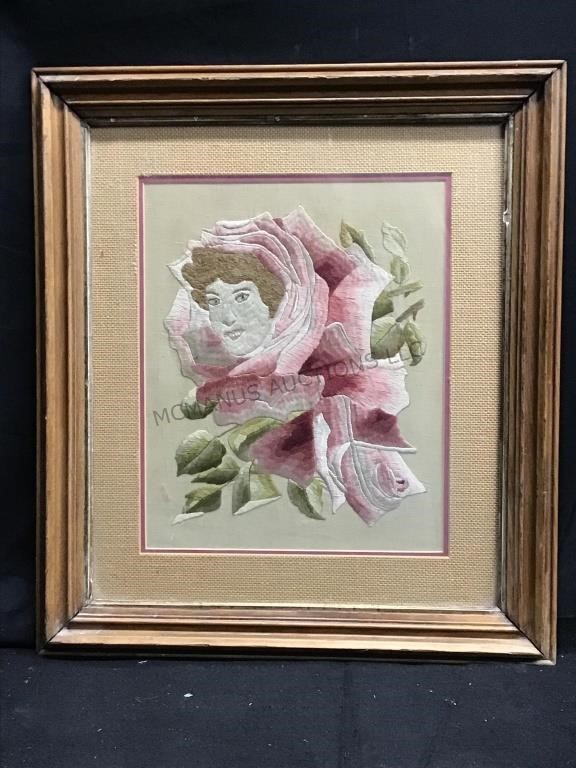 Vtg. Finely Embroidered Lady in Flower Wall Art.