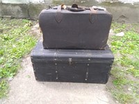 Wooden trunk & leather case with contents