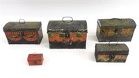 (5) painted tole ware tin boxes, 19th century,