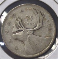 Silver 1951 Canadian quarter