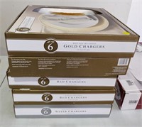 5 BOXES OF PLATE CHARGERS GOLD, RED, SILVER