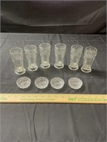 Set of 6 small ribbed glasses and 4 salt dips