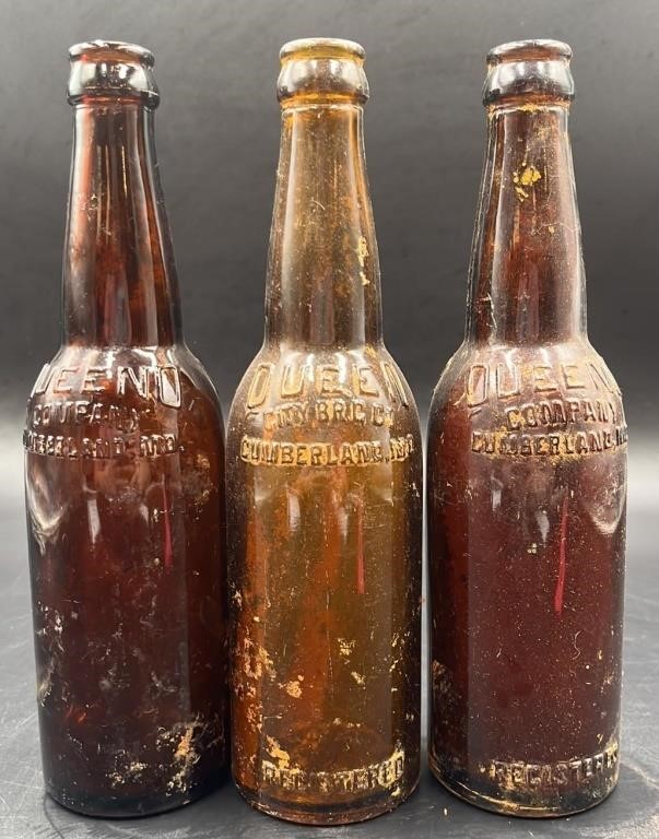 3 Antique Queen Cumberland Md Brewing Bottles