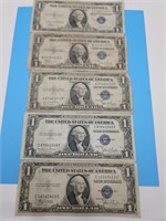 5- 1935 C&D Blue Seal $1 Currency Bills