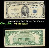 1953 $5 Blue Seal Silver Certificate Grades vf det