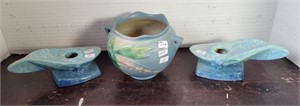 ROSEVILLE POTTERY CANDLE STICKS AND BOWL
