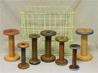 Primitive Wooden Spools in Metal Wire Crate.