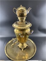 Antique Russian Brass samovar with platter and cup