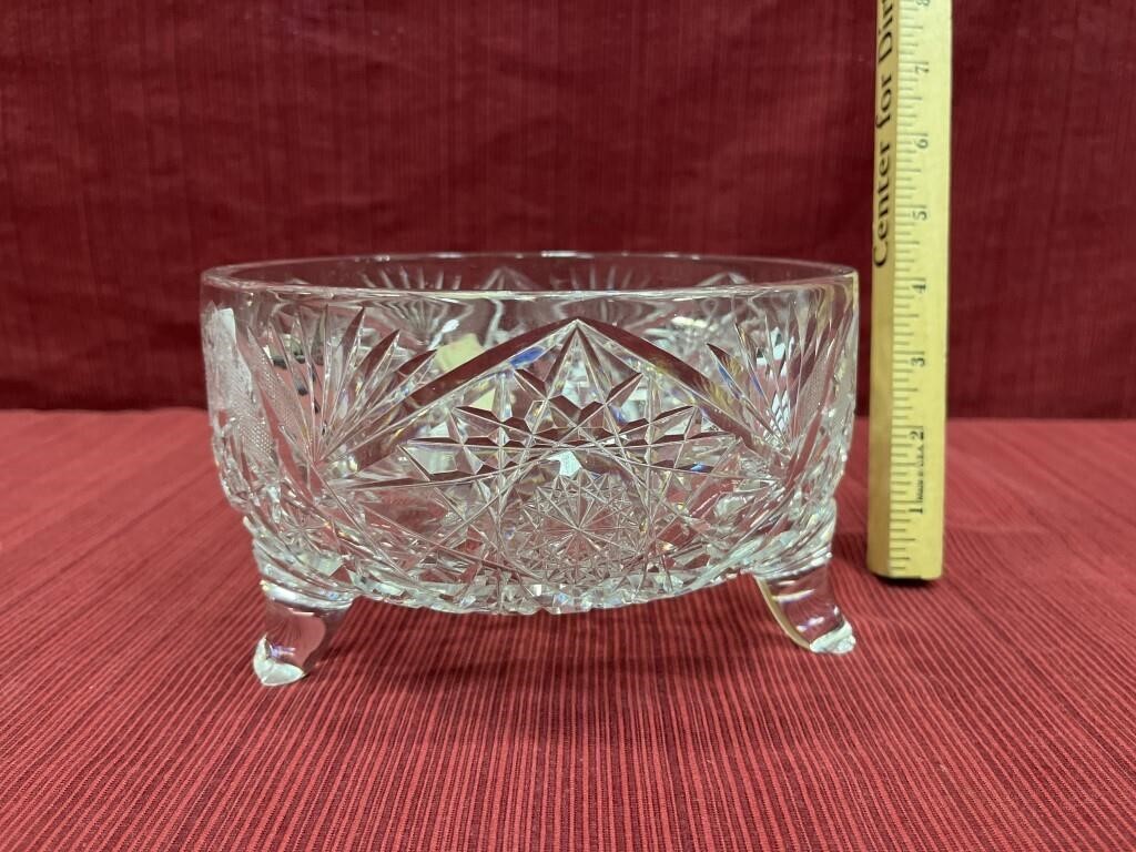 Heavy cut glass footed bowl, 7.5”h, 4”g