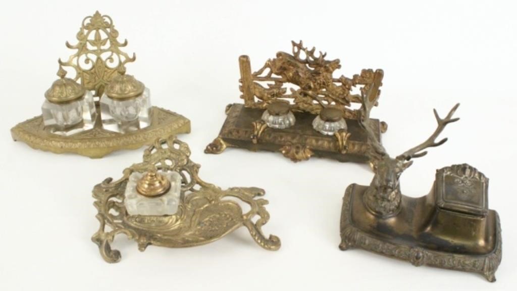 Four Victorian Inkwells, Stags, Rococo Eastlake