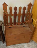 wooden storage bench with picket fence design