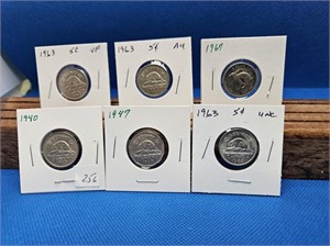 6-5 CENT COINS 1940,1947,3-1963 AND 1967 COIN