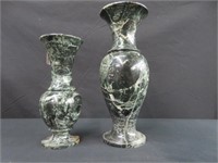2 GREEN MARBLE VASES (1 - 10" 1 - 13" TALL)