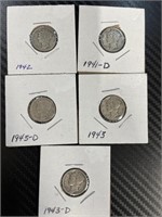 5 PIECE MERCURY DIMES