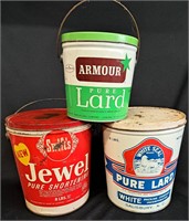 3 VINTAGE METAL LARD ADVERTISING BUCKETS JEWEL ETC