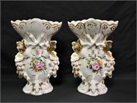 Pr Gilt/Floral Painted Porcelain 8.5" Vases