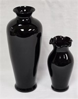 (2) Black Amethyst Glass Vases - 5.25", 8.5"