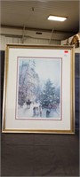 Framed Holiday Winter Scene Print, Signed And