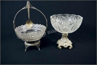 VTG Compote w Brass Base Cut Crystal Heavy Bowls