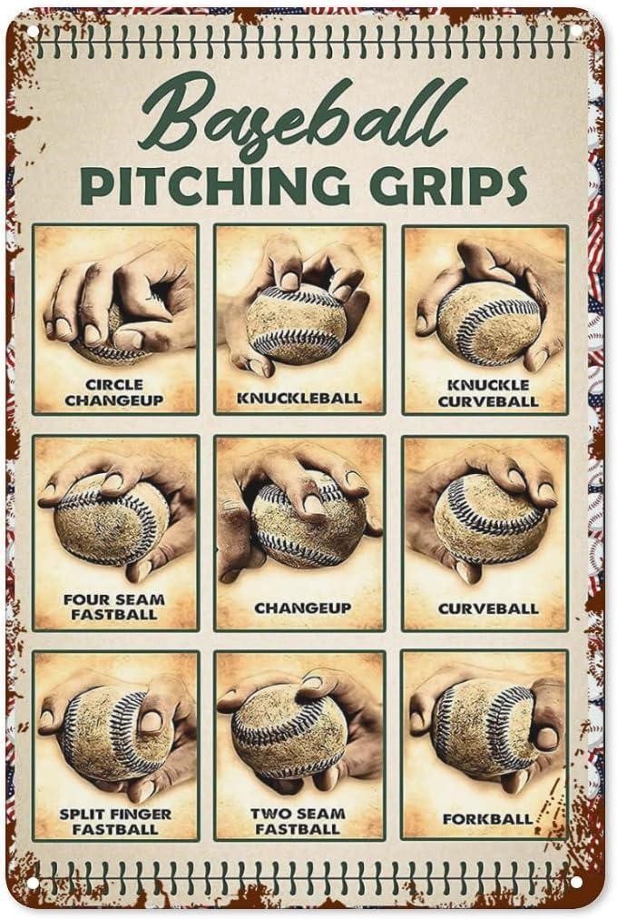 SEALED-Baseball Pitching Grips Retro Metal Sign