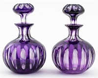 Bohemian Purple Cut to Clear Glass Bottles, Pair
