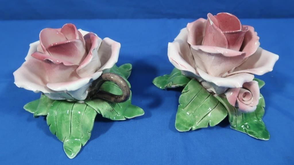 Ceramic Rose Candleholder marked Bassaro Ital