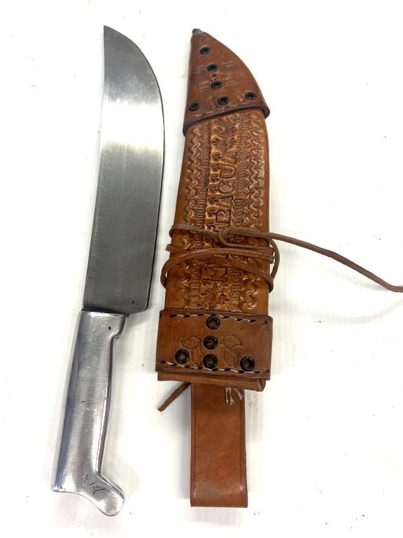 Stainless Knife 12” Blade, Tooled Sheath
Marked