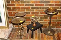 2 BRASS CANDLE STANDS, STOOL, SMOKING STAND AND