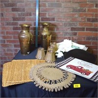 Placemats, brass urn, lamp shades