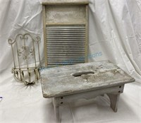 Antique washboard milking stool, metal wall art